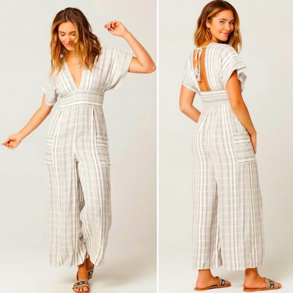 L*Space Doheny PCH Stripe Wide Leg Jumpsuit Romper Large In Gray/White